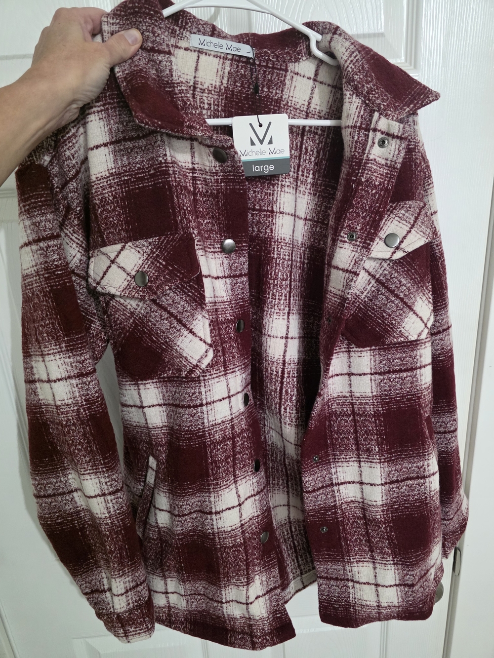 (NWT) Michelle Mae Burgundy and Cream Plaid Utility Shacket